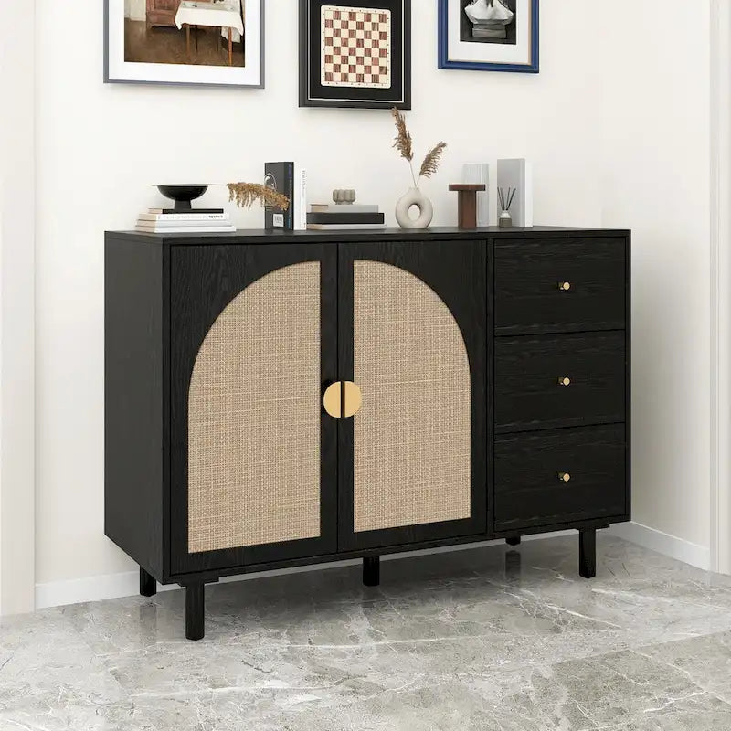 Rattan Storage Cabinet with 2 Doors, Adjustable Shelves, and 3 Drawers 4