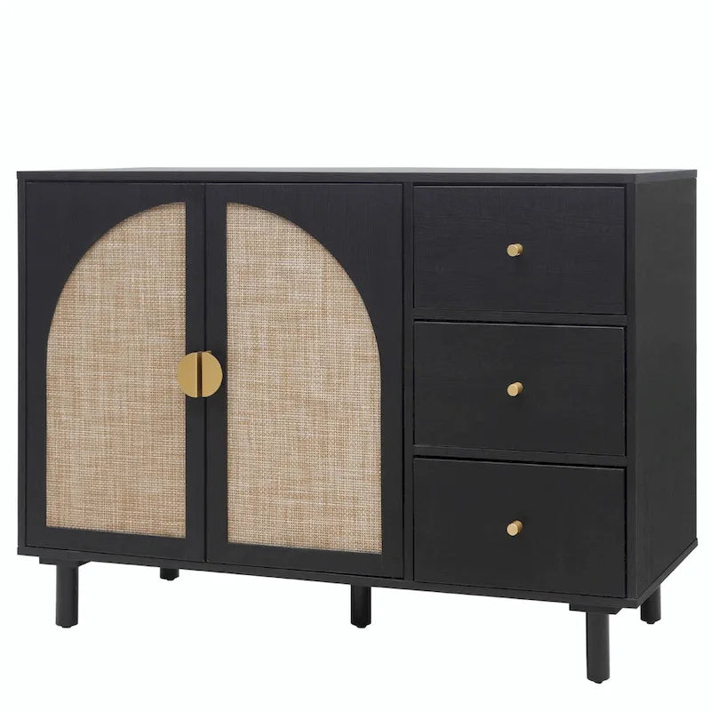 Rattan Storage Cabinet with 2 Doors, Adjustable Shelves, and 3 Drawers 9