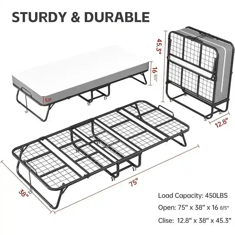 Compact Rollaway Folding Guest Bed with Sturdy Metal Frame and 5-Inch Thick Mattress 3