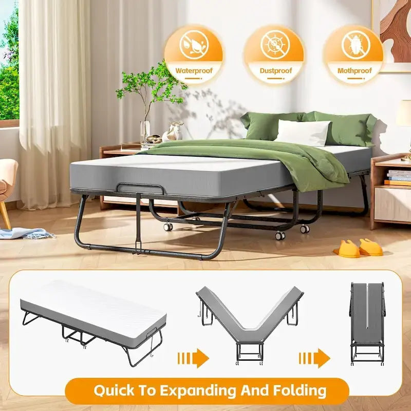 Compact Rollaway Folding Guest Bed with Sturdy Metal Frame and 5-Inch Thick Mattress 6