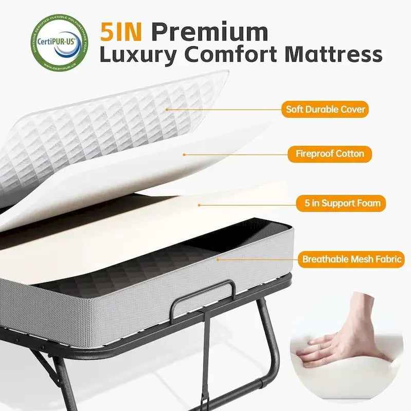 Compact Rollaway Folding Guest Bed with Sturdy Metal Frame and 5-Inch Thick Mattress 12