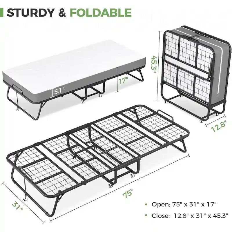 Compact Rollaway Folding Guest Bed with Sturdy Metal Frame and 5-Inch Thick Mattress 14