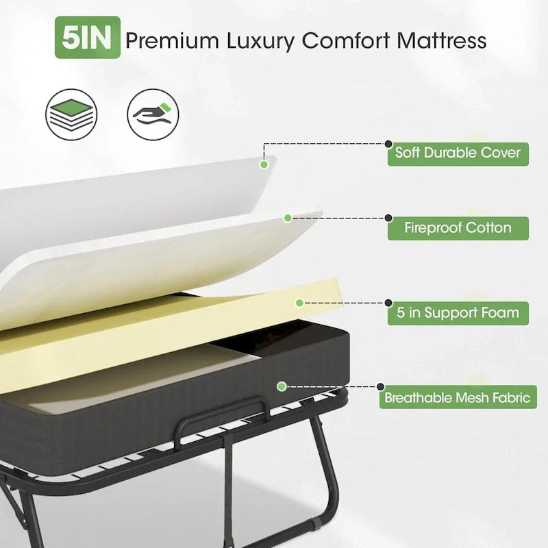 Compact Rollaway Folding Guest Bed with Sturdy Metal Frame and 5-Inch Thick Mattress 16