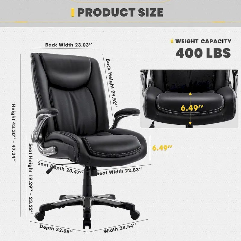 Extra-Wide Heavy-Duty High Back Executive Office Chair with Flip-Up Arms and Thick Seat – Supports Up to 400 lbs for Home Office Use 6