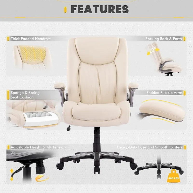Extra-Wide Heavy-Duty High Back Executive Office Chair with Flip-Up Arms and Thick Seat – Supports Up to 400 lbs for Home Office Use 15