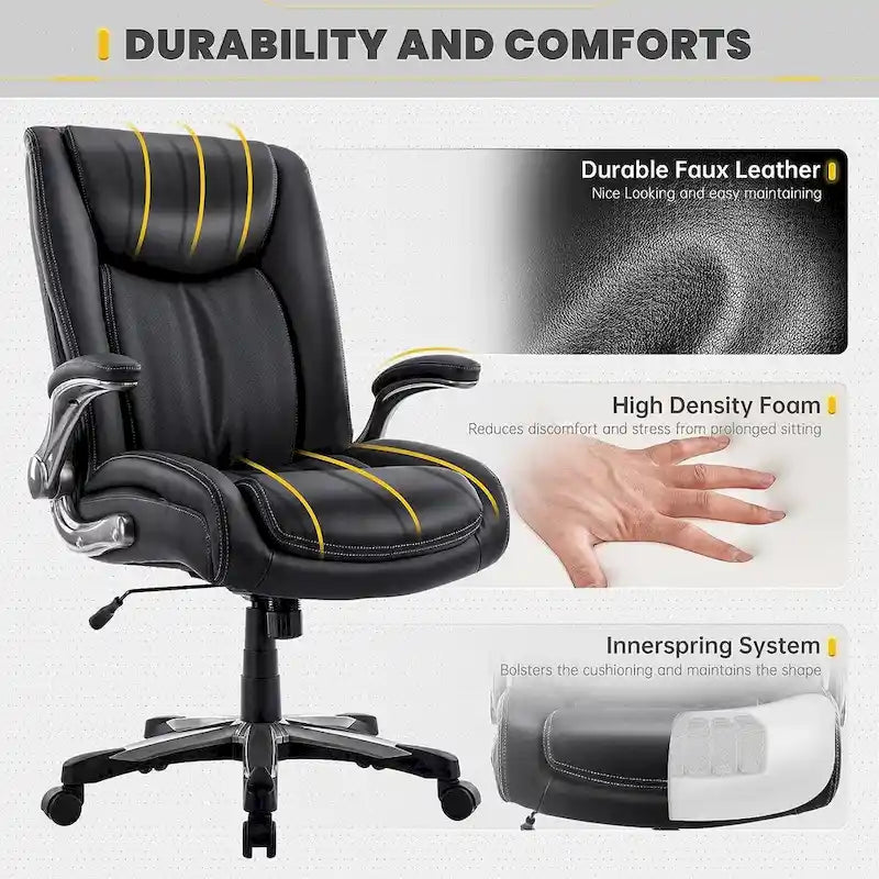 Extra-Wide Heavy-Duty High Back Executive Office Chair with Flip-Up Arms and Thick Seat – Supports Up to 400 lbs for Home Office Use 23