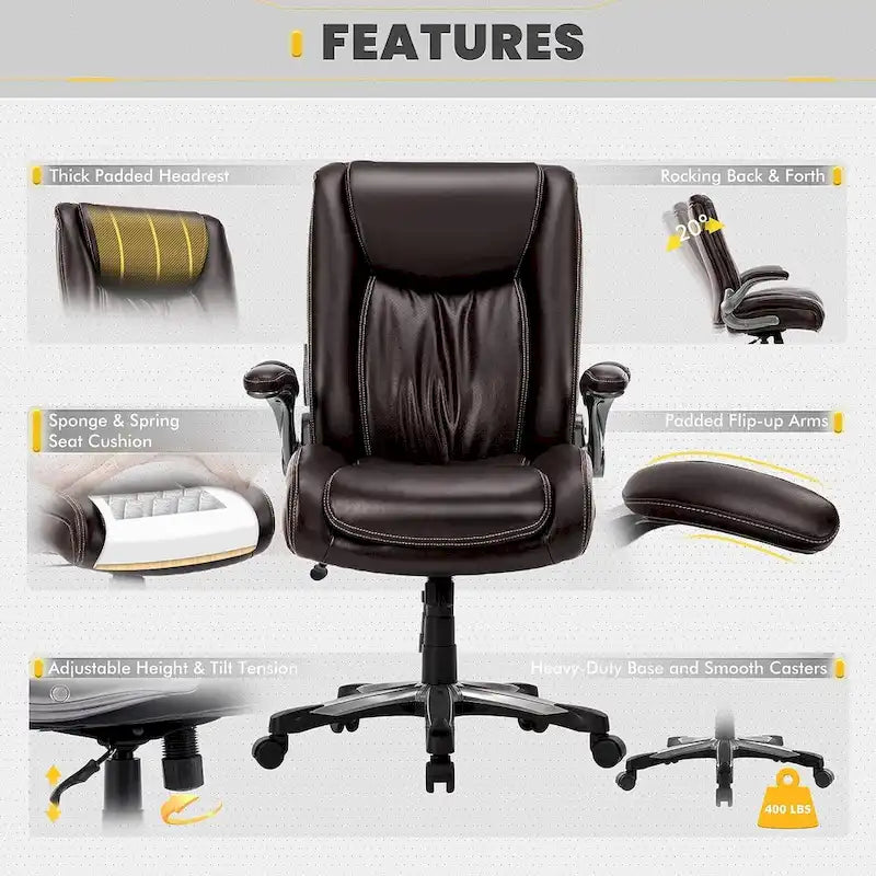 Extra-Wide Heavy-Duty High Back Executive Office Chair with Flip-Up Arms and Thick Seat – Supports Up to 400 lbs for Home Office Use 30