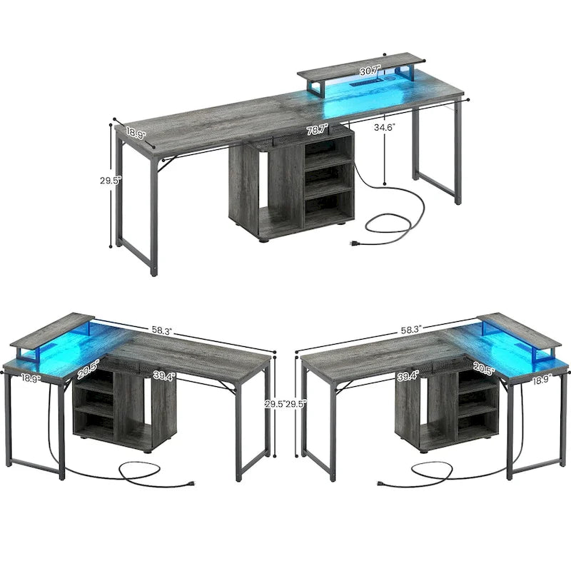 58.3-Inch L-Shaped Gaming Desk with Storage Cube, USB Ports, and LED Lighting - Office Computer Table 13