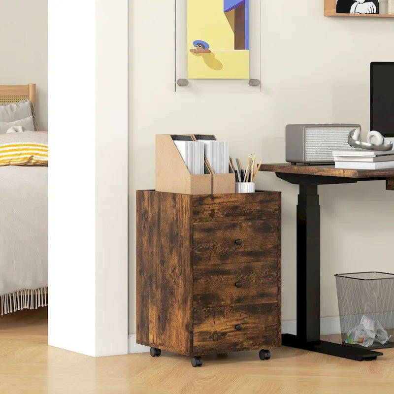 HOMCOM Mobile 3-Drawer Office Storage Cabinet with Removable Tray - Under-Desk Printer Stand on Wheels 36