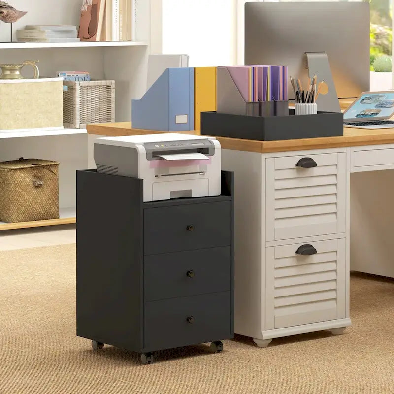 HOMCOM Mobile 3-Drawer Office Storage Cabinet with Removable Tray - Under-Desk Printer Stand on Wheels 16