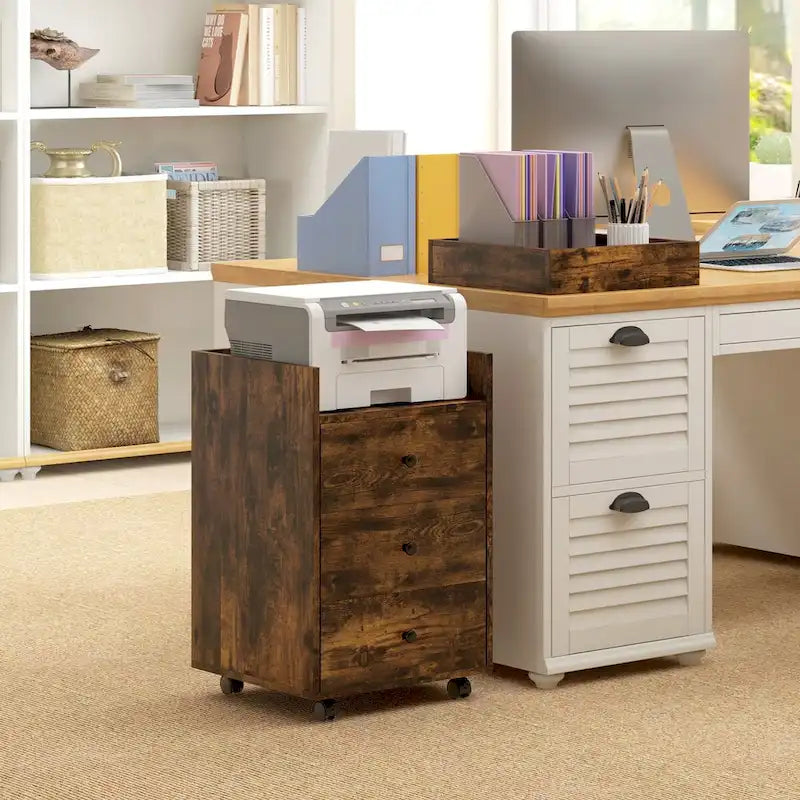 HOMCOM Mobile 3-Drawer Office Storage Cabinet with Removable Tray - Under-Desk Printer Stand on Wheels 24