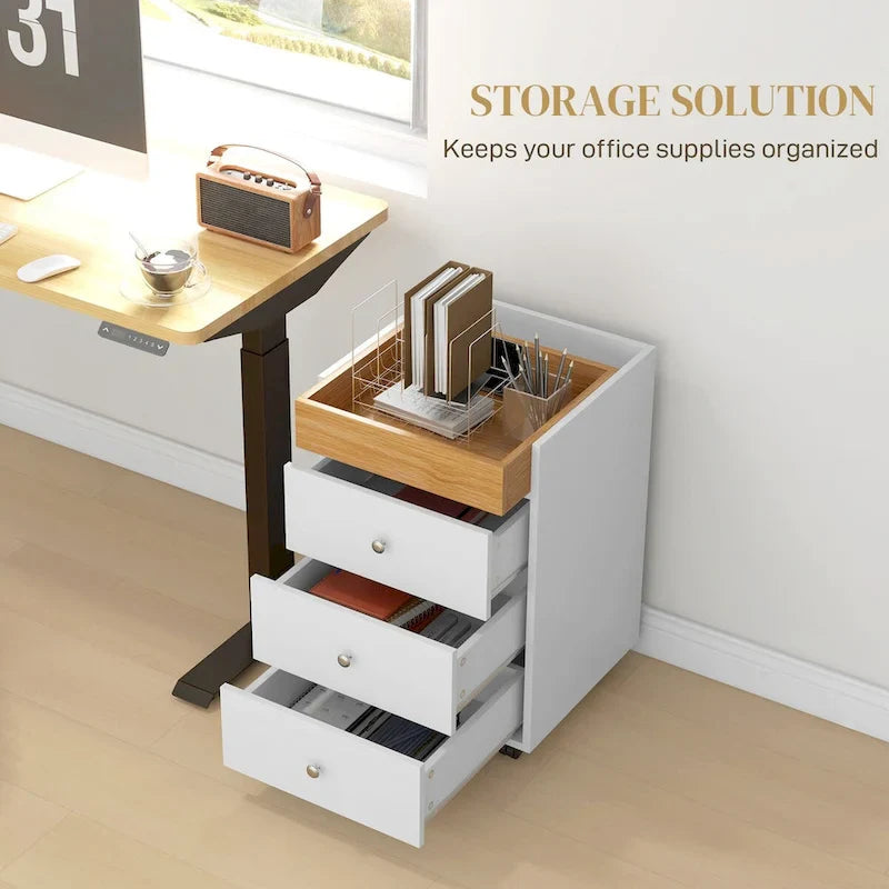 HOMCOM Mobile 3-Drawer Office Storage Cabinet with Removable Tray - Under-Desk Printer Stand on Wheels 29