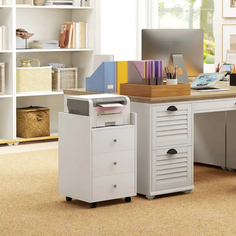 HOMCOM Mobile 3-Drawer Office Storage Cabinet with Removable Tray - Under-Desk Printer Stand on Wheels 33