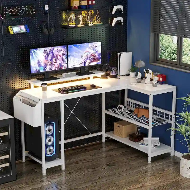 Contemporary L-Shaped Computer Desk with Built-In Power Outlets and LED Lighting 1