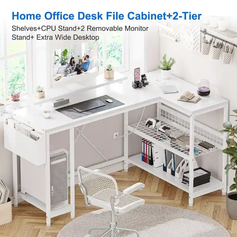 Contemporary L-Shaped Computer Desk with Built-In Power Outlets and LED Lighting 2