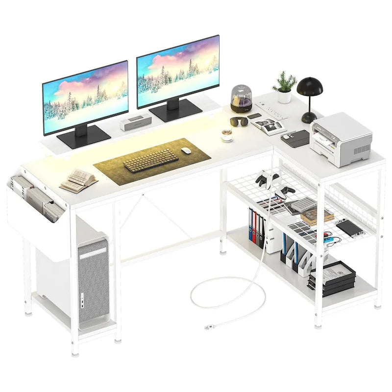 Contemporary L-Shaped Computer Desk with Built-In Power Outlets and LED Lighting 5