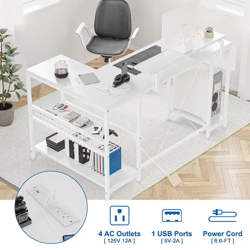 Contemporary L-Shaped Computer Desk with Built-In Power Outlets and LED Lighting 6