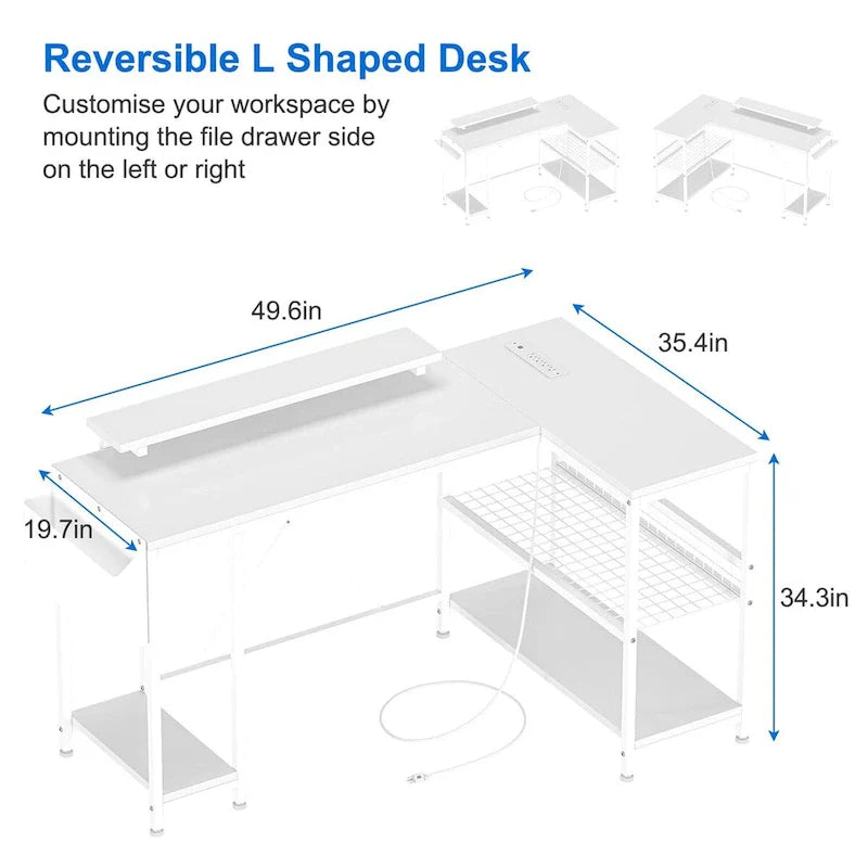 Contemporary L-Shaped Computer Desk with Built-In Power Outlets and LED Lighting 7