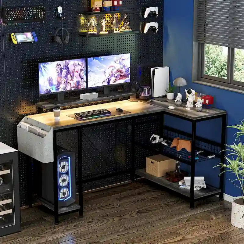 Contemporary L-Shaped Computer Desk with Built-In Power Outlets and LED Lighting 8