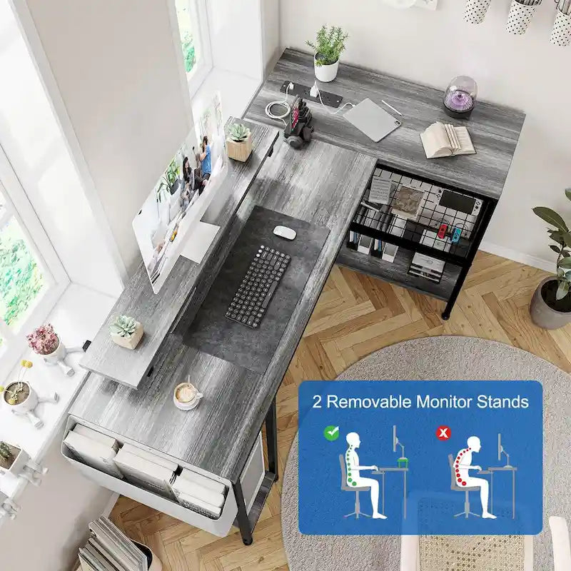 Contemporary L-Shaped Computer Desk with Built-In Power Outlets and LED Lighting 9
