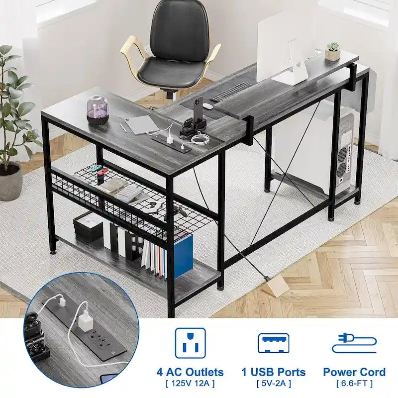 Contemporary L-Shaped Computer Desk with Built-In Power Outlets and LED Lighting 10