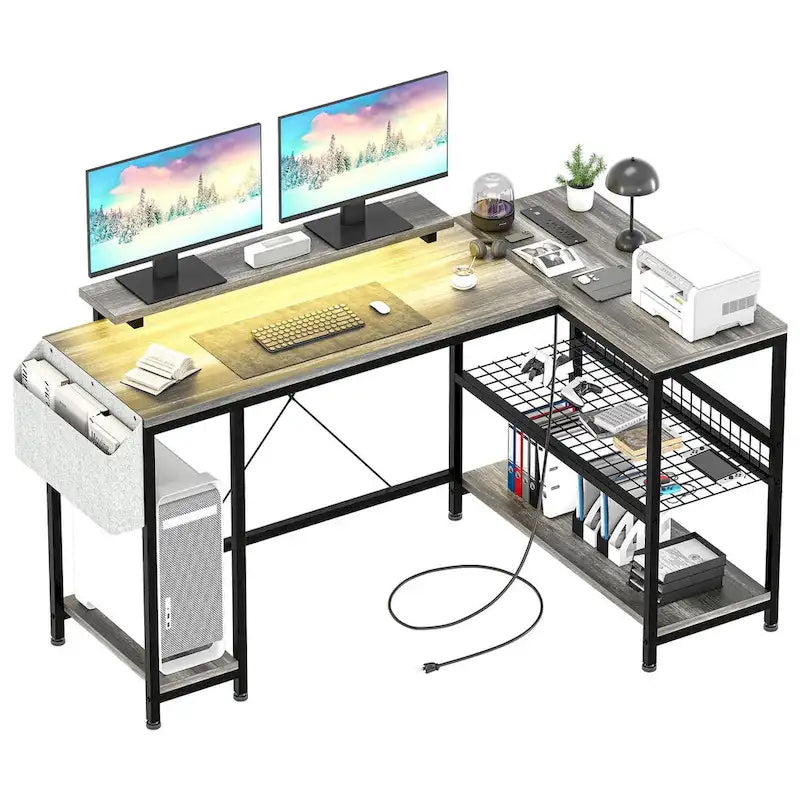 Contemporary L-Shaped Computer Desk with Built-In Power Outlets and LED Lighting 11