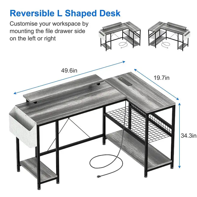 Contemporary L-Shaped Computer Desk with Built-In Power Outlets and LED Lighting 13