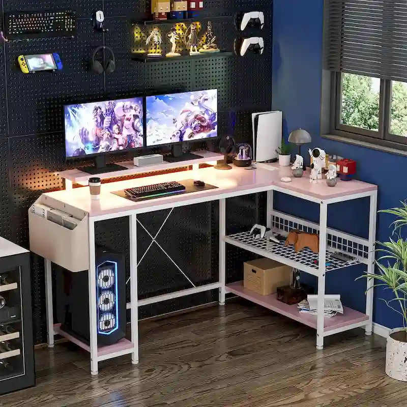Contemporary L-Shaped Computer Desk with Built-In Power Outlets and LED Lighting 14