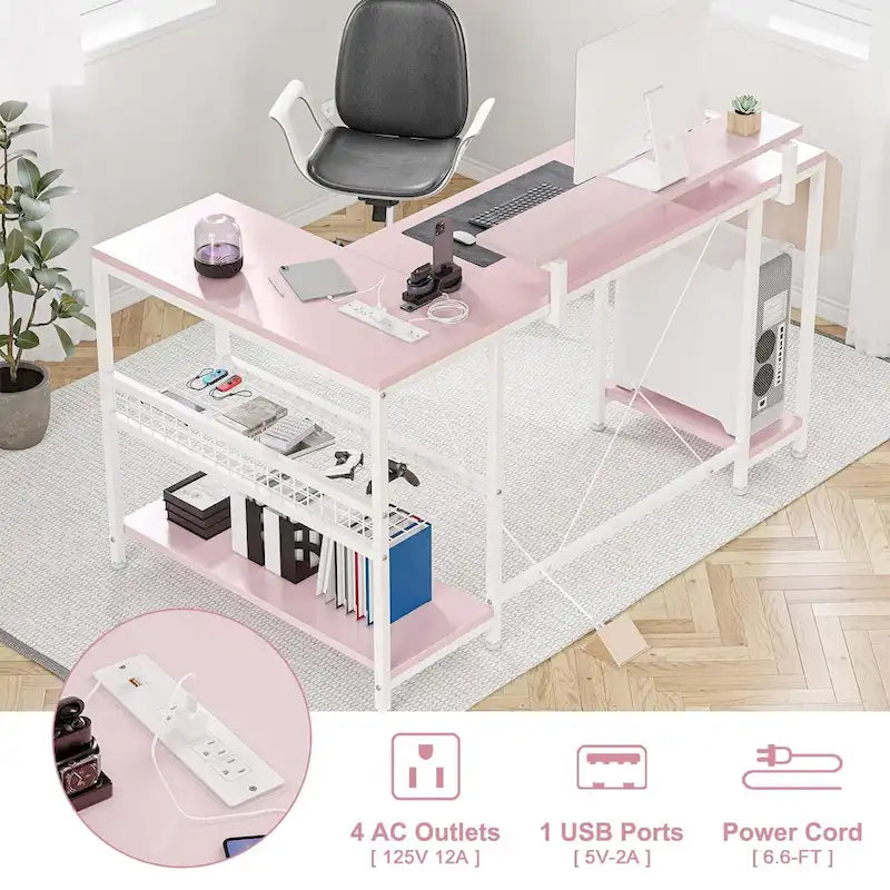Contemporary L-Shaped Computer Desk with Built-In Power Outlets and LED Lighting 16