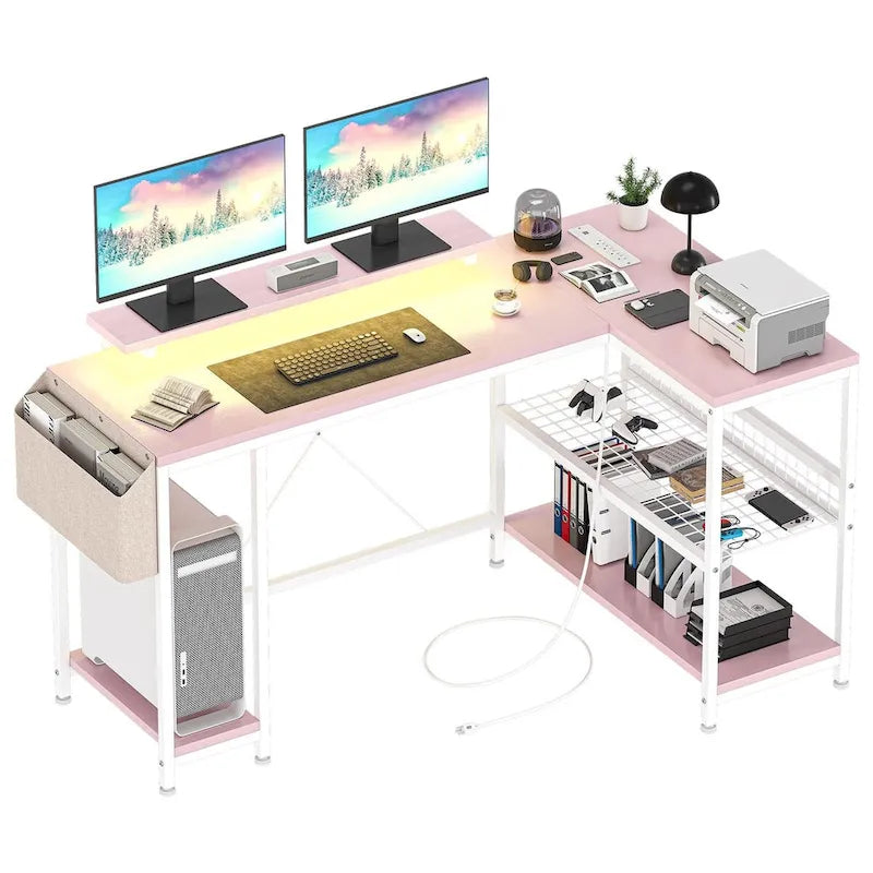 Contemporary L-Shaped Computer Desk with Built-In Power Outlets and LED Lighting 17