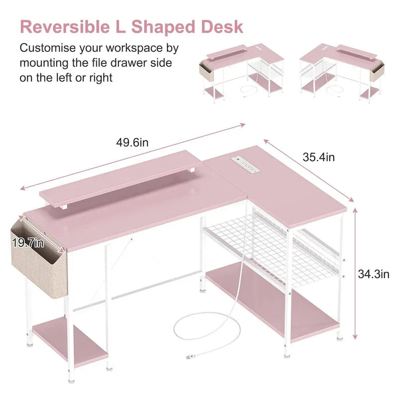 Contemporary L-Shaped Computer Desk with Built-In Power Outlets and LED Lighting 19