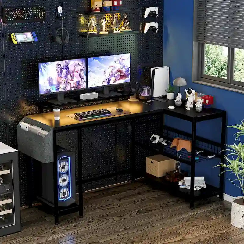 Contemporary L-Shaped Computer Desk with Built-In Power Outlets and LED Lighting 20