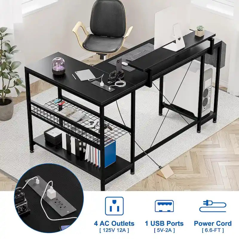 Contemporary L-Shaped Computer Desk with Built-In Power Outlets and LED Lighting 22