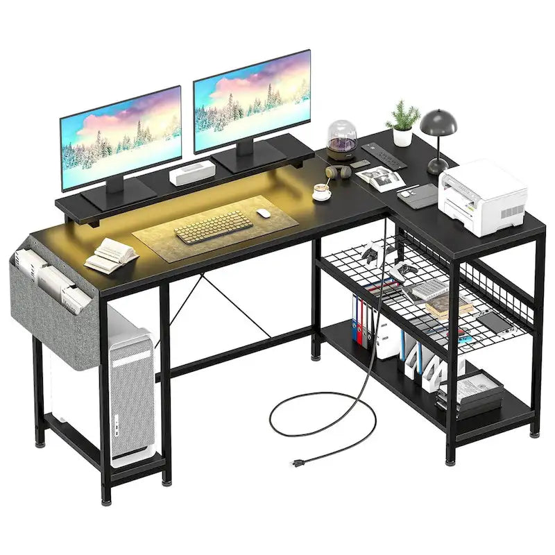 Contemporary L-Shaped Computer Desk with Built-In Power Outlets and LED Lighting 23