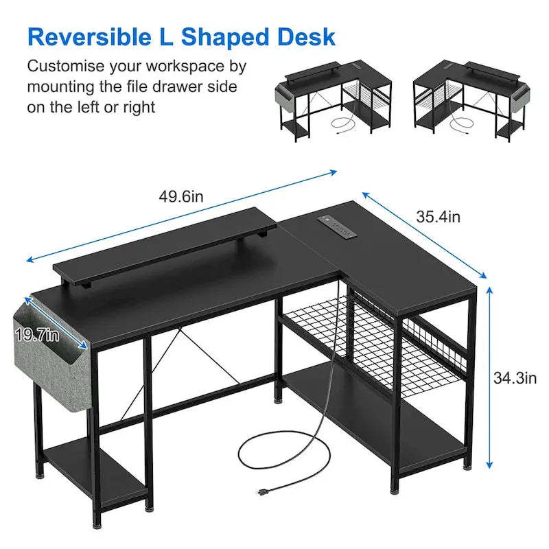 Contemporary L-Shaped Computer Desk with Built-In Power Outlets and LED Lighting 25