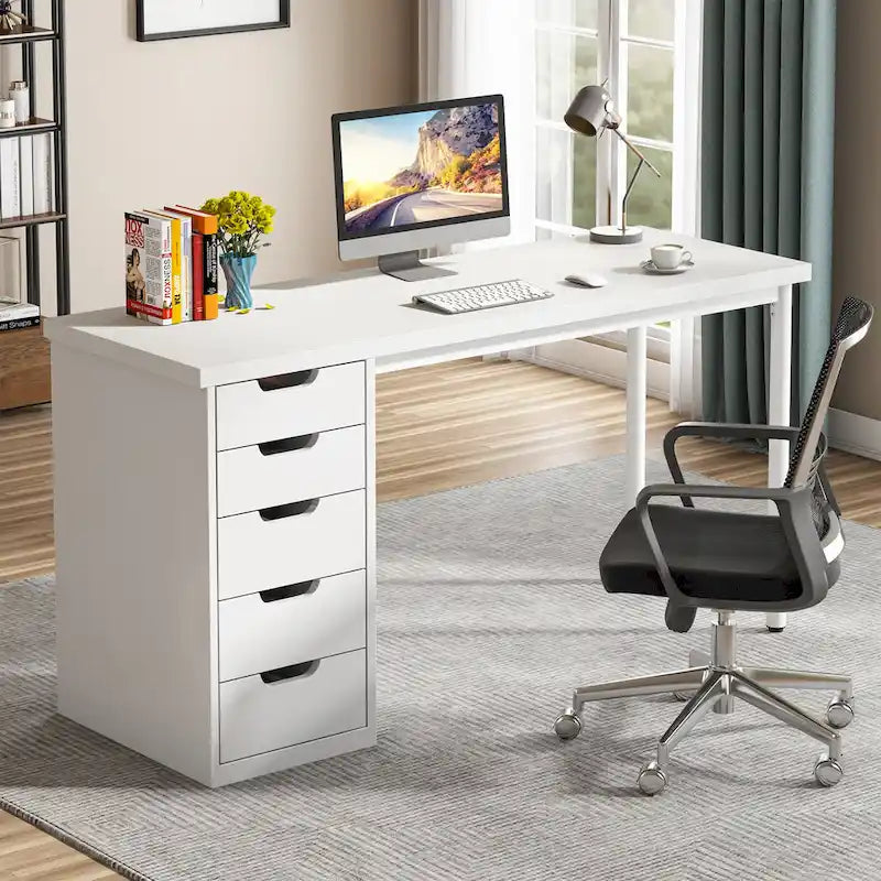 Contemporary Minimalist Computer Desk with 5 Drawer Storage for Study and Writing 2