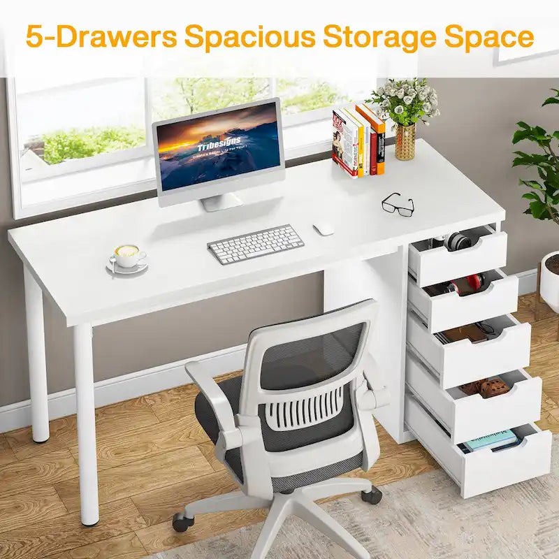 Contemporary Minimalist Computer Desk with 5 Drawer Storage for Study and Writing 4