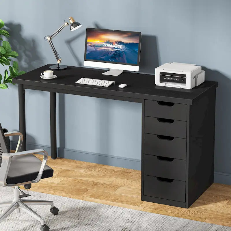 Contemporary Minimalist Computer Desk with 5 Drawer Storage for Study and Writing 8
