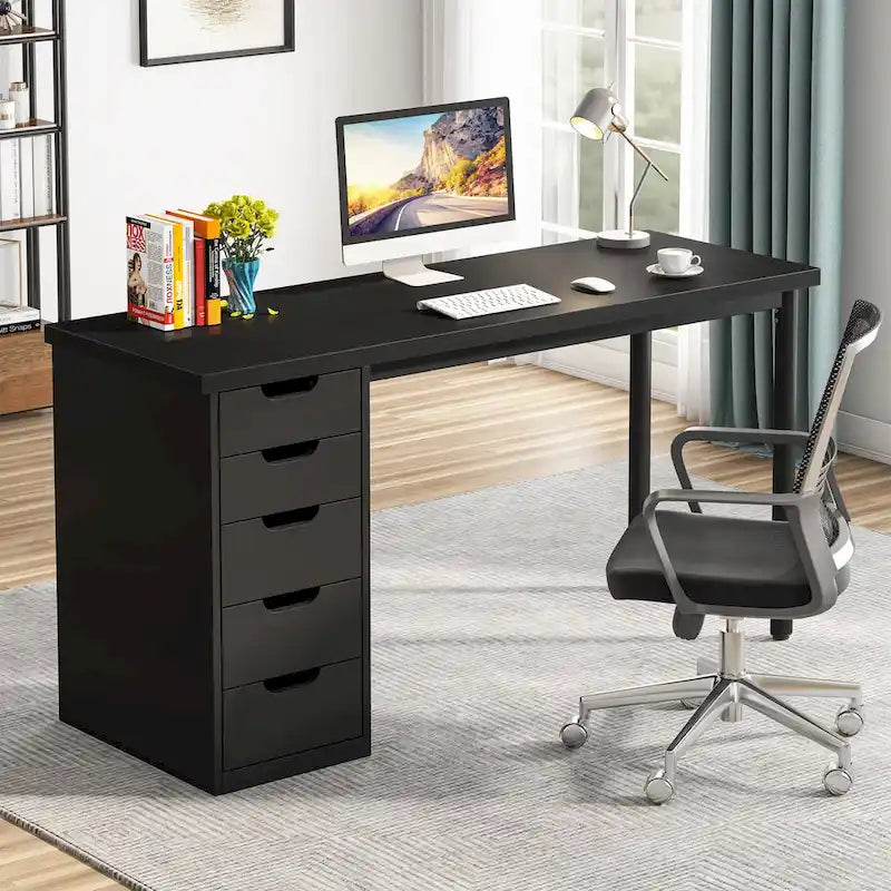 Contemporary Minimalist Computer Desk with 5 Drawer Storage for Study and Writing 9