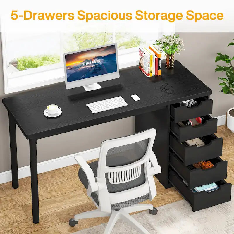 Contemporary Minimalist Computer Desk with 5 Drawer Storage for Study and Writing 11