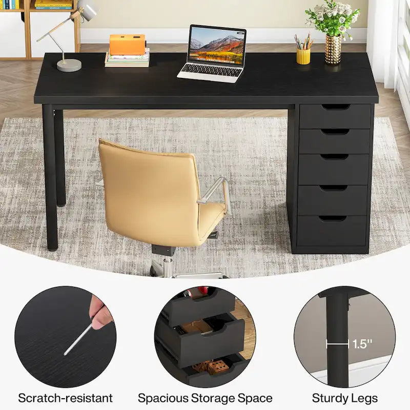 Contemporary Minimalist Computer Desk with 5 Drawer Storage for Study and Writing 13