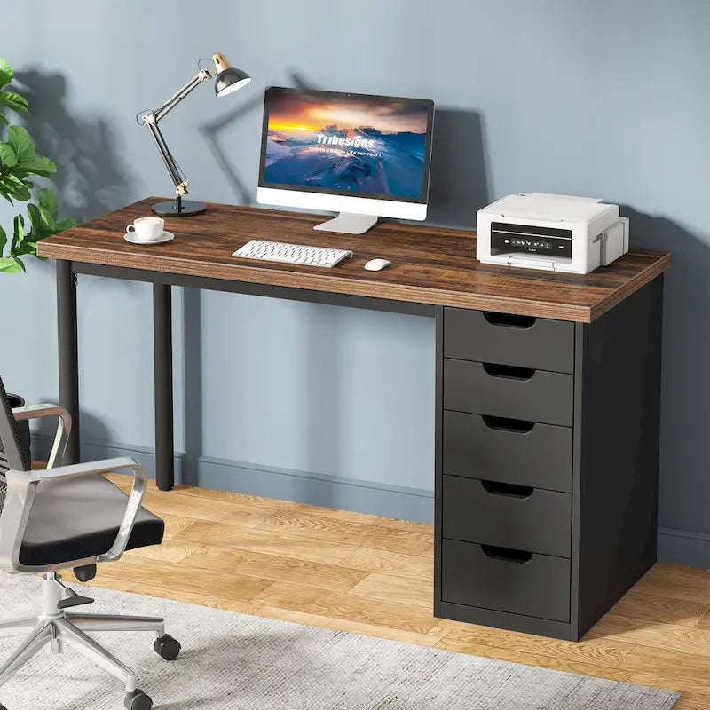 Contemporary Minimalist Computer Desk with 5 Drawer Storage for Study and Writing 15