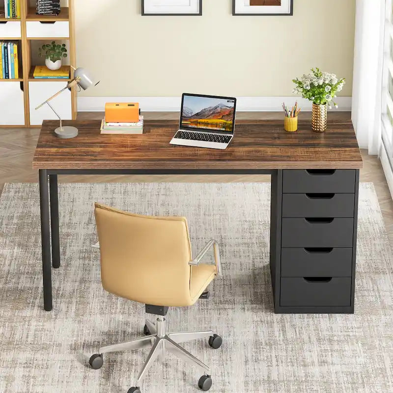 Contemporary Minimalist Computer Desk with 5 Drawer Storage for Study and Writing 16