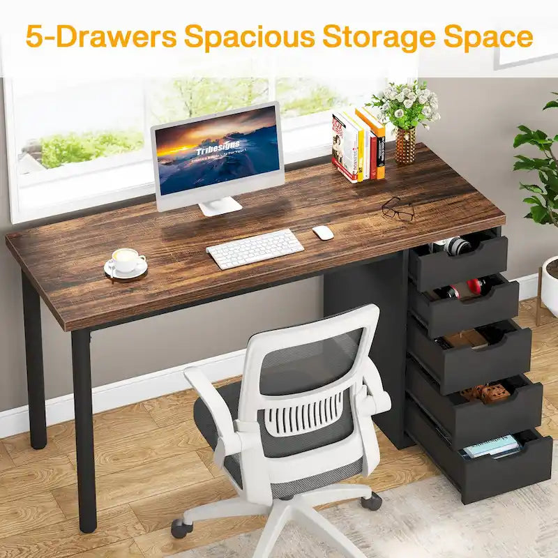 Contemporary Minimalist Computer Desk with 5 Drawer Storage for Study and Writing 18