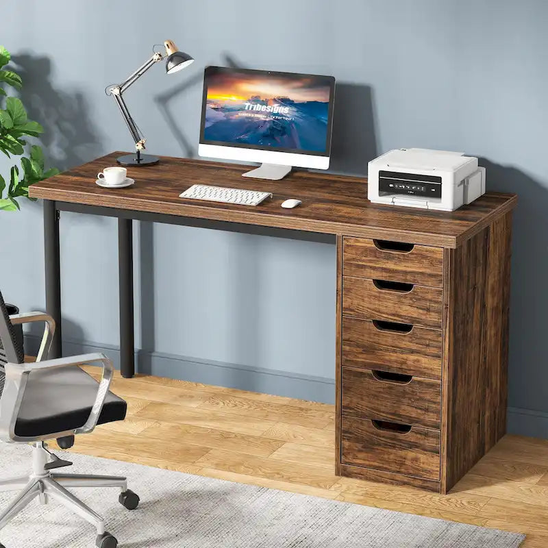 Contemporary Minimalist Computer Desk with 5 Drawer Storage for Study and Writing 22