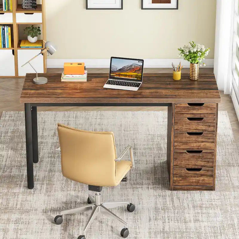 Contemporary Minimalist Computer Desk with 5 Drawer Storage for Study and Writing 23