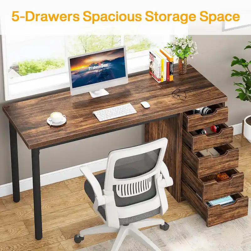 Contemporary Minimalist Computer Desk with 5 Drawer Storage for Study and Writing 24