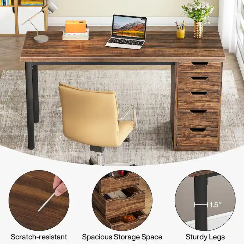 Contemporary Minimalist Computer Desk with 5 Drawer Storage for Study and Writing 25