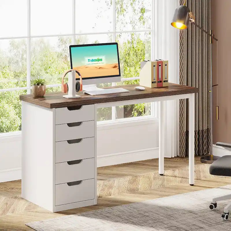 Contemporary Minimalist Computer Desk with 5 Drawer Storage for Study and Writing 30