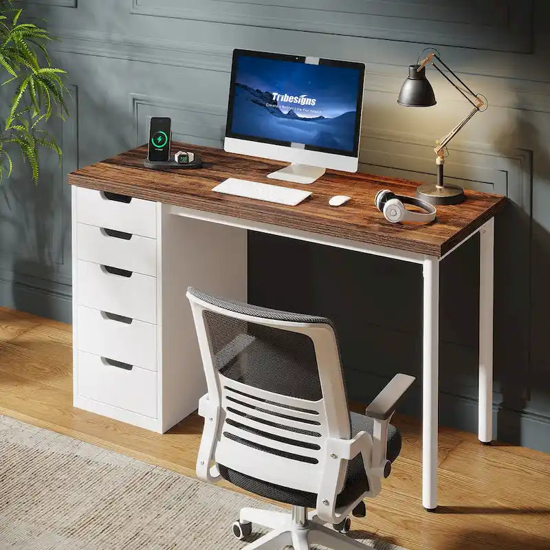 Contemporary Minimalist Computer Desk with 5 Drawer Storage for Study and Writing 33